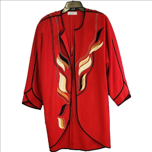 Vincen- t-omas Jackets & Blazers - Vintage VINCEN-T-OMAS Red Wool & Leather Jacket with Artistic Design